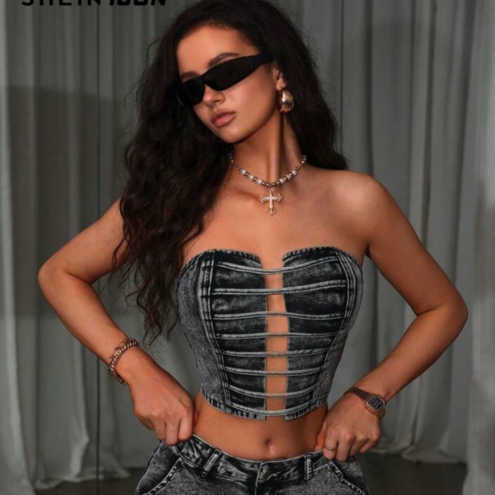 Shein Black Denim acid wash Strapless crop Top with strappy cutouts.